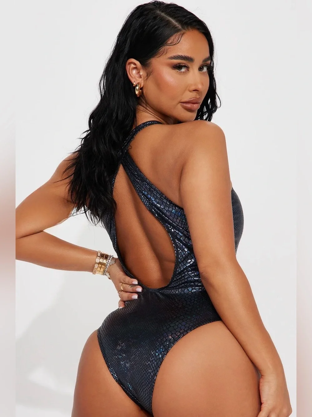 Fashion Nova Iridescent Black Snake-Print Crisscross One-Piece Swimsuit XL